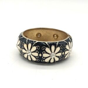 Amrita Singh Black White Enamel Daisy Crystal Hinged Bangle Bracelet
